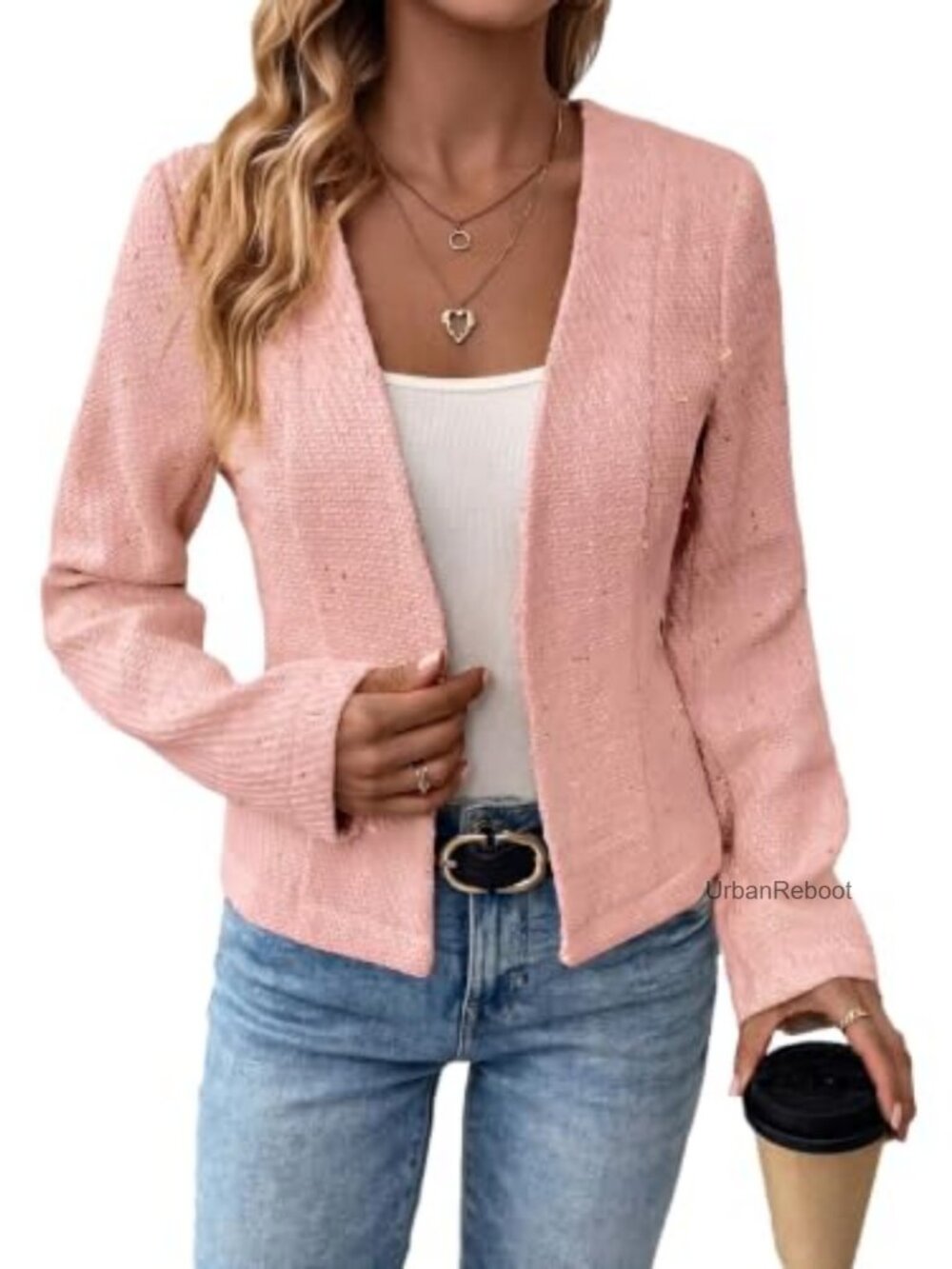 Women's Tweed Cropped Blazer Open Front Collarless Slim Fit Work Jacket